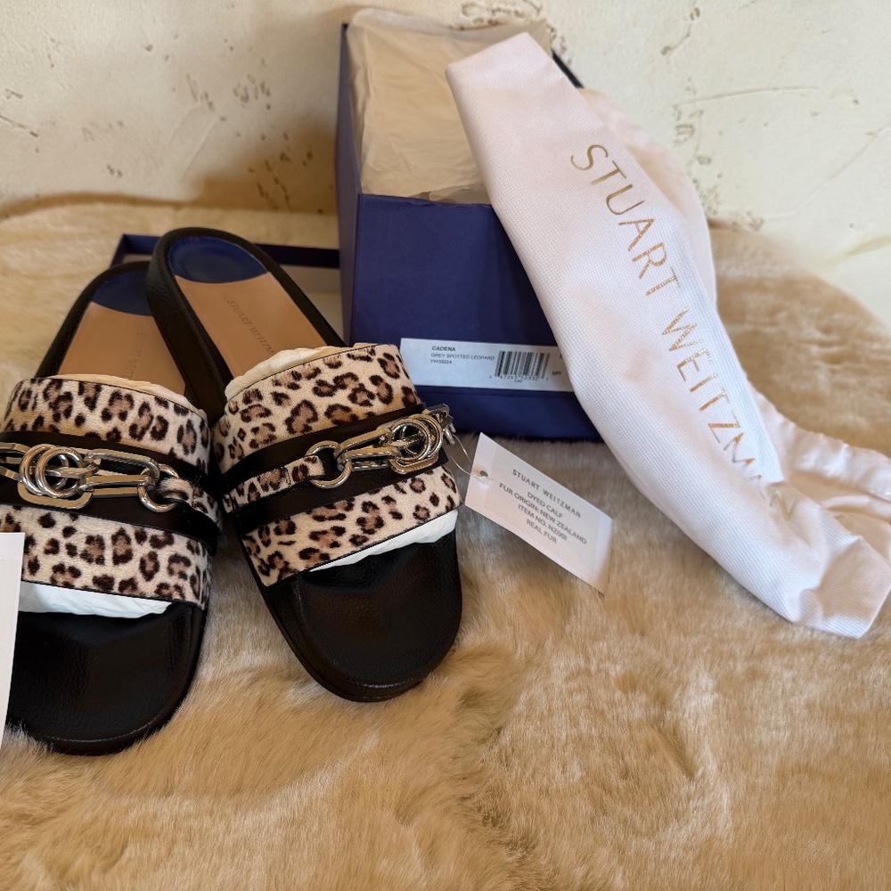 NWT Stuart Weitzman Cadena Spotted Leopard Leather & Calf Hair Slides 9.5 NIB - Picture 7 of 10